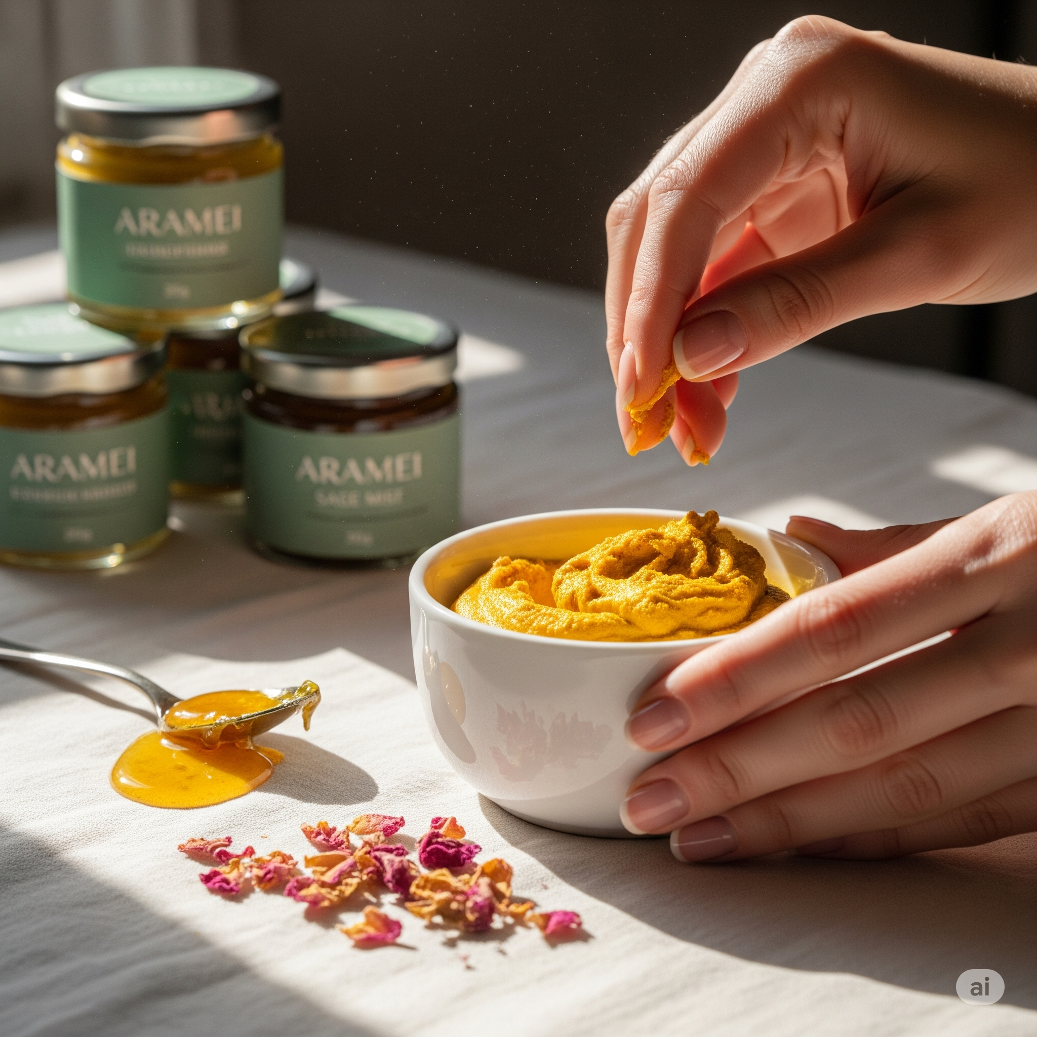 Woman's hands mixing turmeric paste with ARAMEI jars