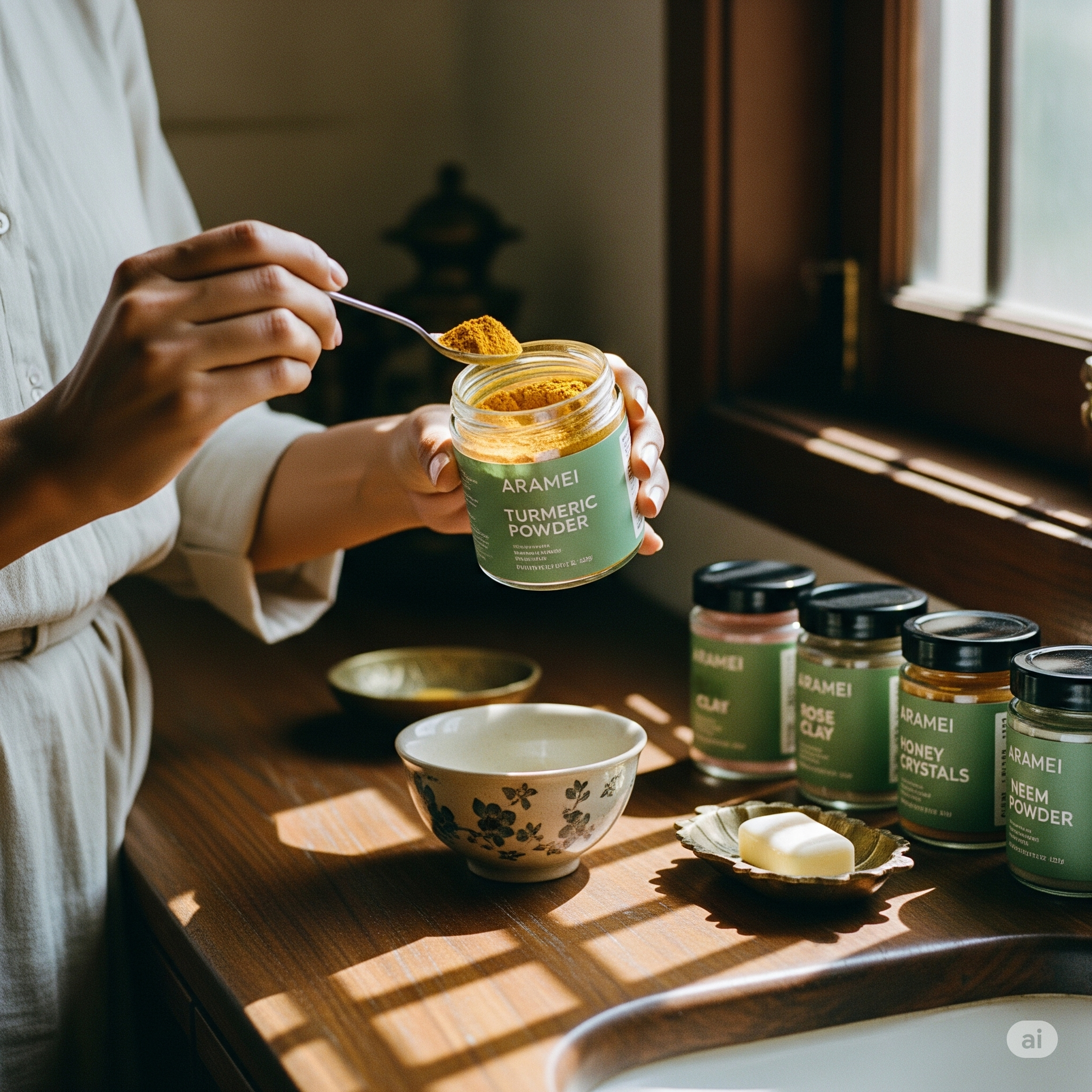 Woman pouring turmeric powder from ARAMEI jar