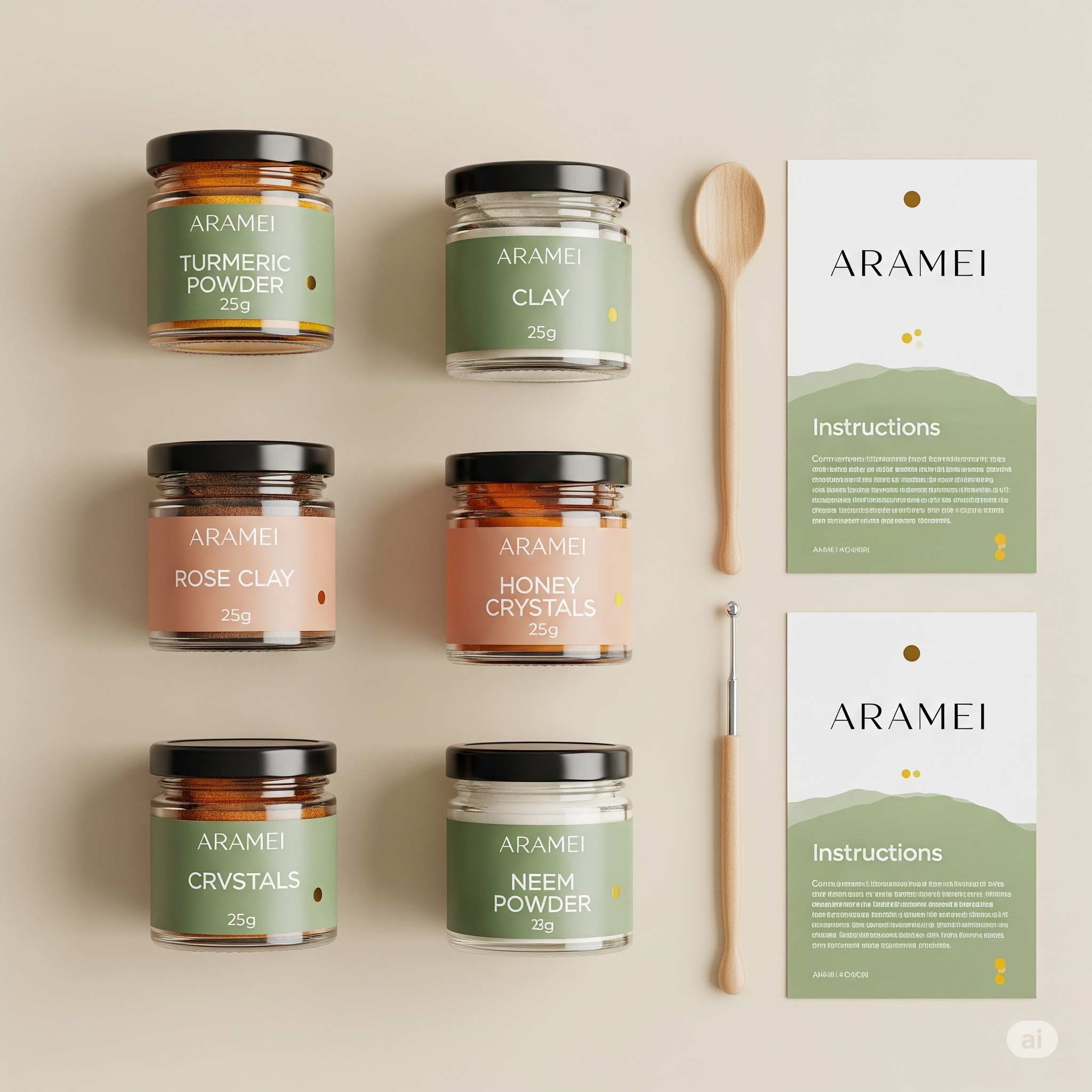 ARAMEI white glass jars with ingredient labels